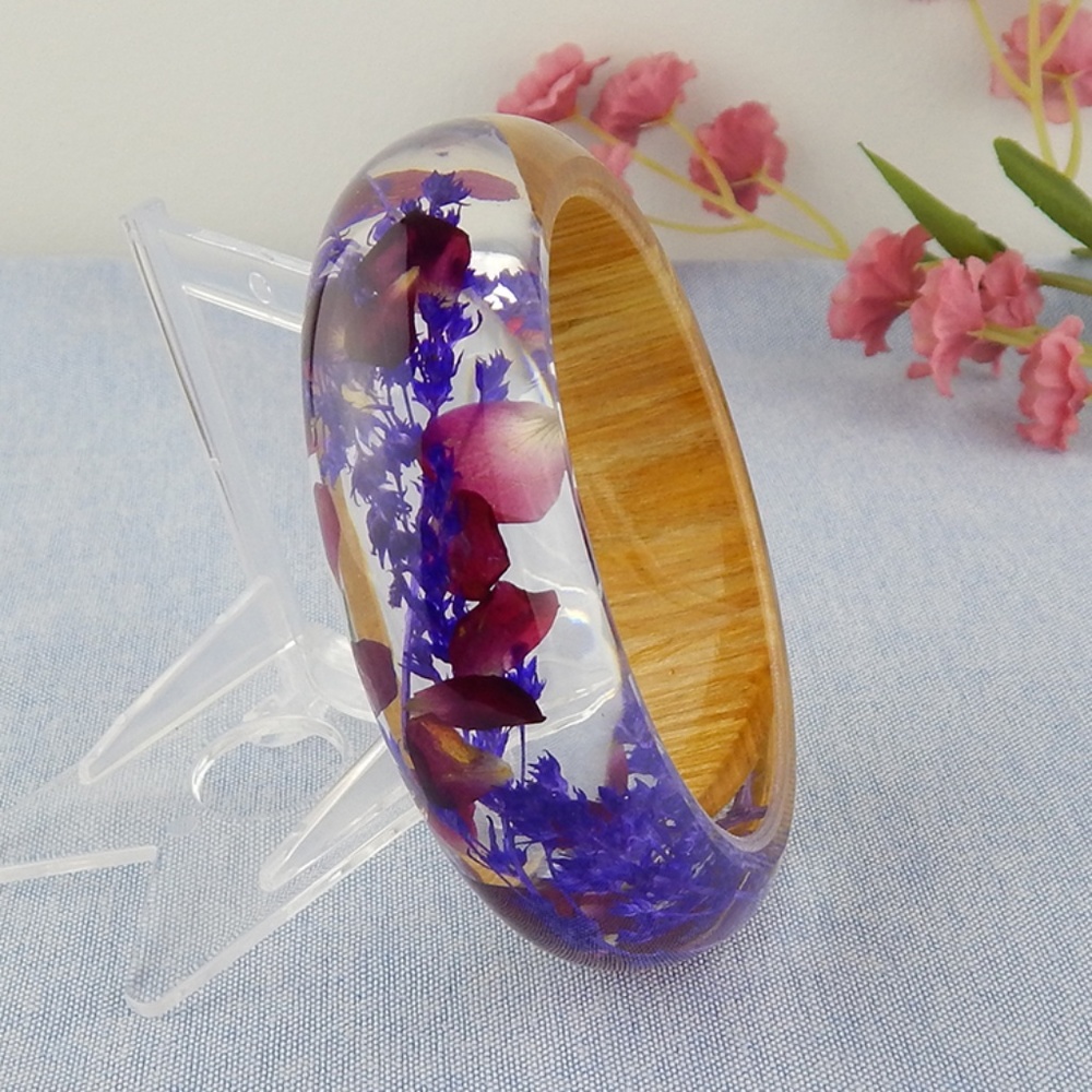 Real Dried Flower Wood Resin Bangle Bracelet